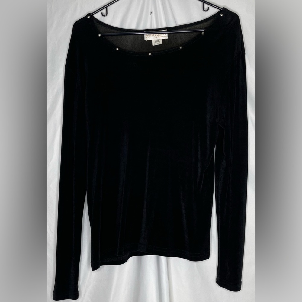 Gina Ginori Boulder CO Black Sheer Studded Long Sleeve Stretchy Blouse Top M